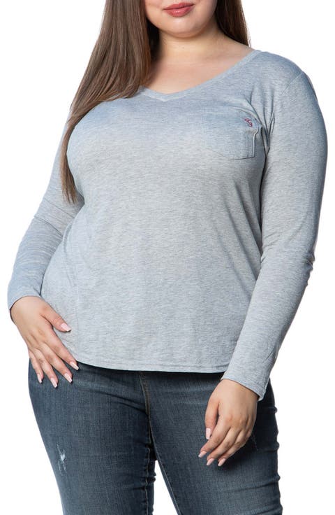 V-Neck Long Sleeve Pocket T-Shirt (Plus Size)