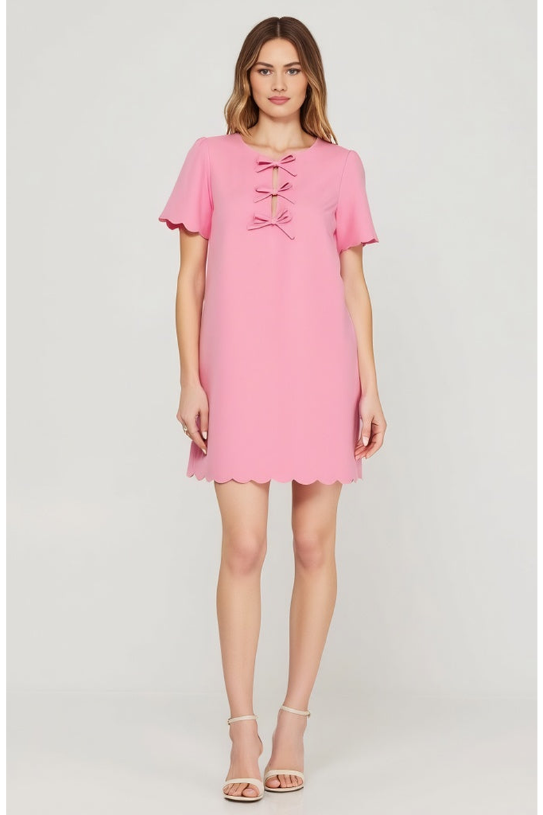 Scallop Hem Shift Dress with Front Bow Tie Detail and Keyhole Neckline, Alternate, color, Pink
