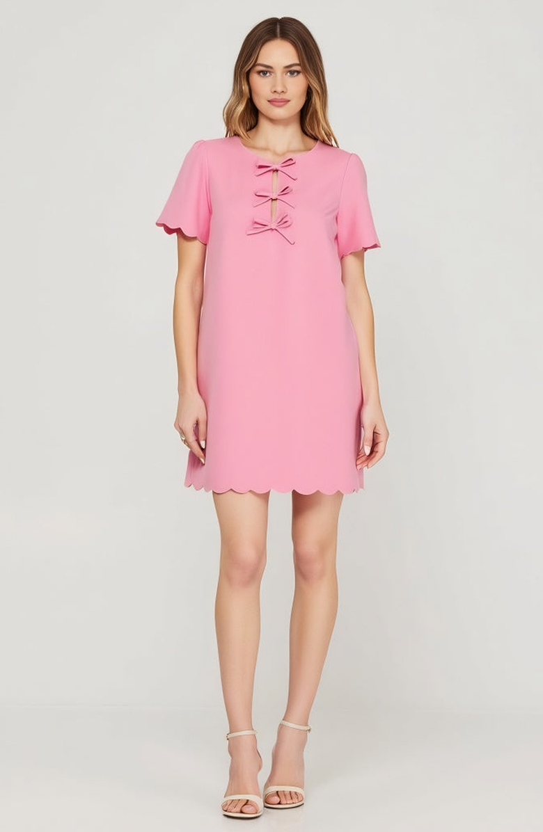 Modenaire Scallop Hem Shift Dress with Front Bow Tie Detail and Keyhole Neckline, Alternate, color, Pink