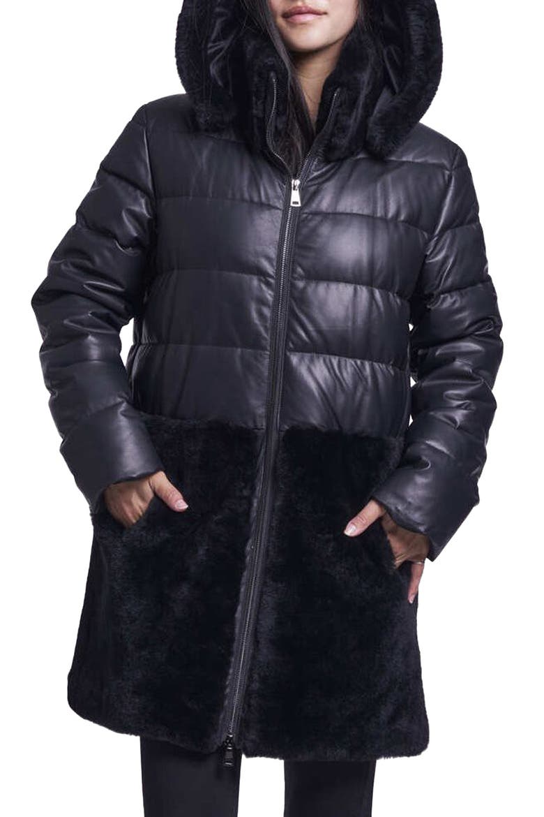 Genuine Shearling Trim 700-Fill-Power Down Jacket, Main, color, BLACK