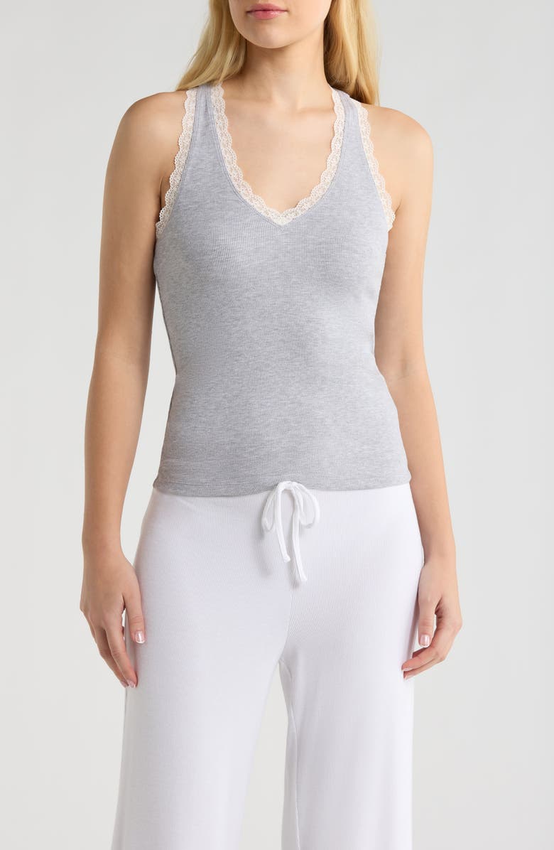 Open Edit Daydream Rib Lace Trim Tank, Main, color, Grey Heather