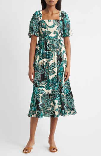 Vince Camuto Paisley Print Puff Sleeve Midi Dress