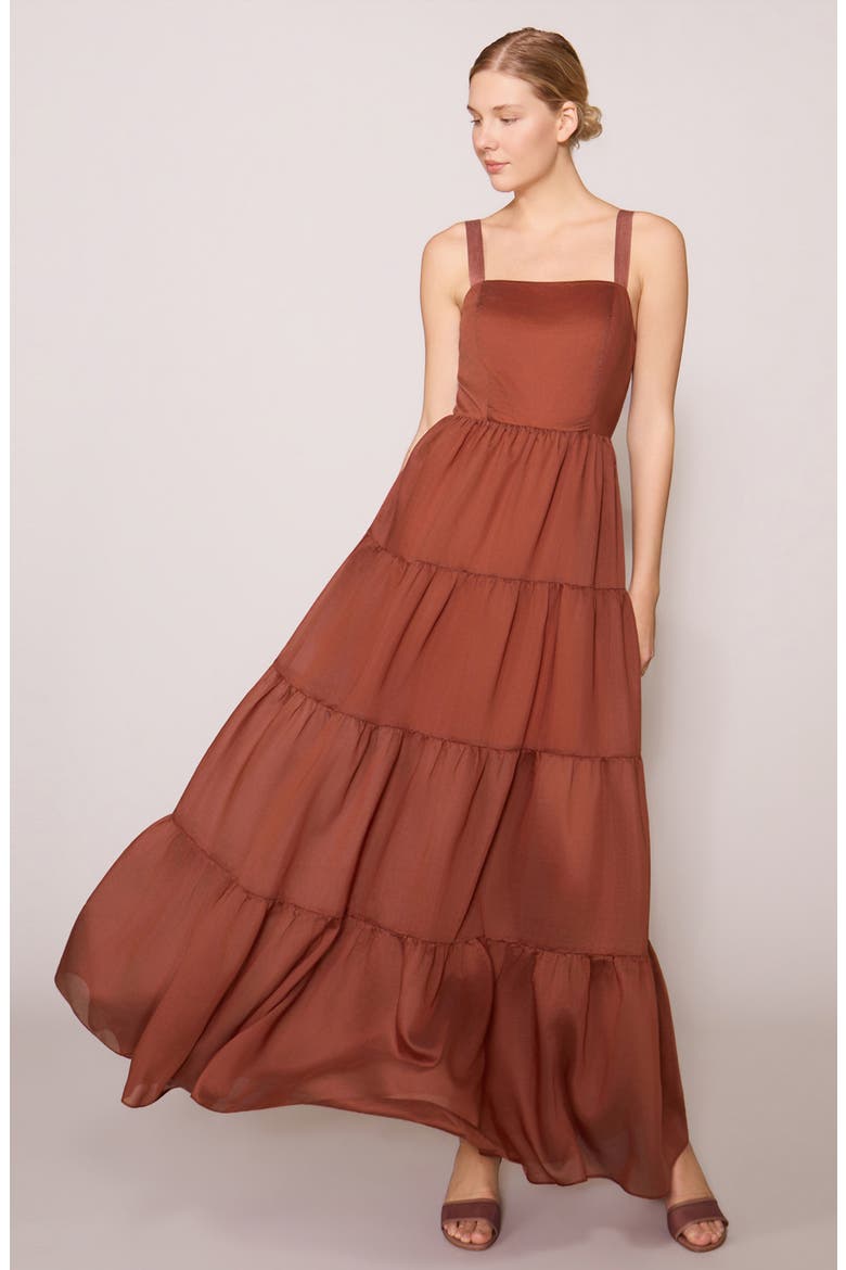 Tiered Satin Maxi Dress, Alternate, color, RUST