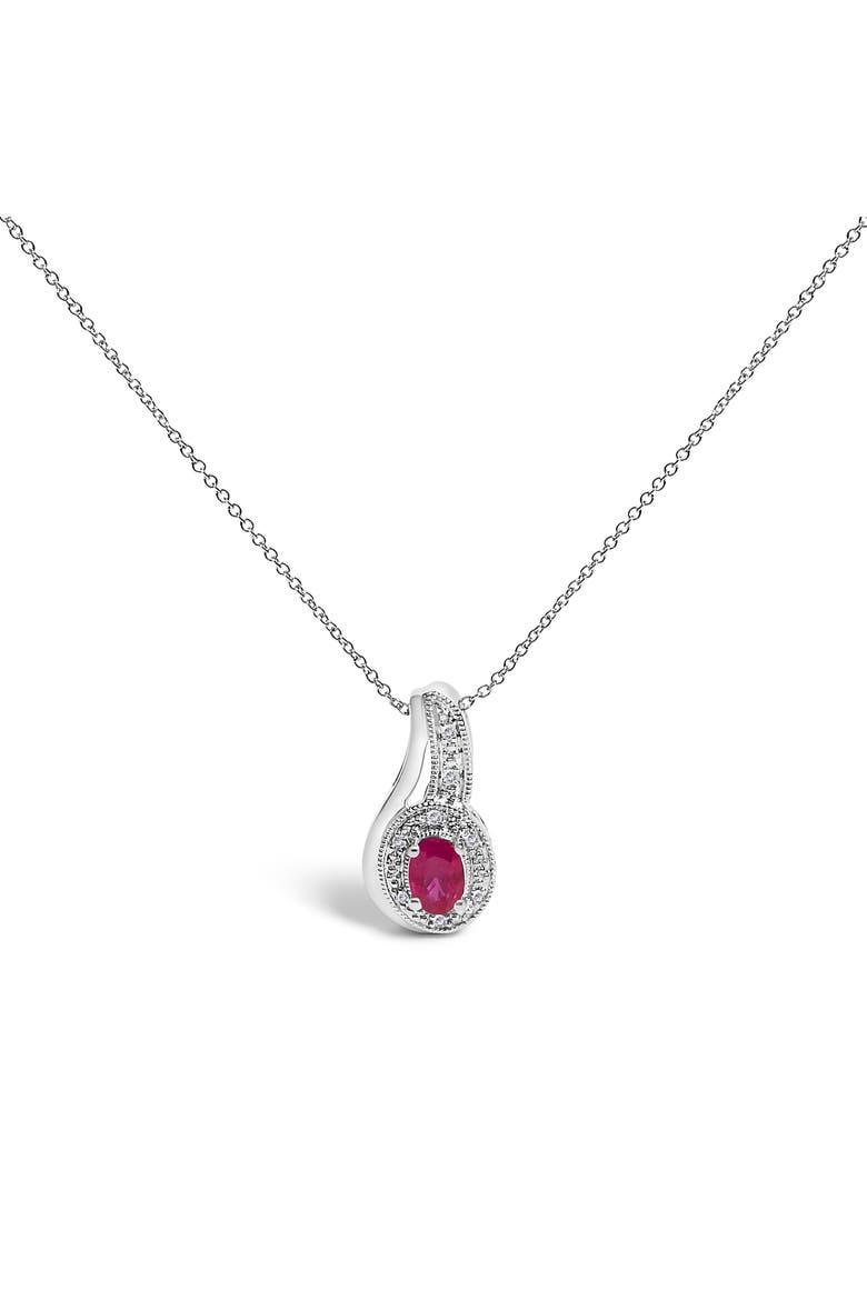 Silver Red Ruby and Diamond Accent Milgrain Swirl Pendant Necklace, Main, color, White