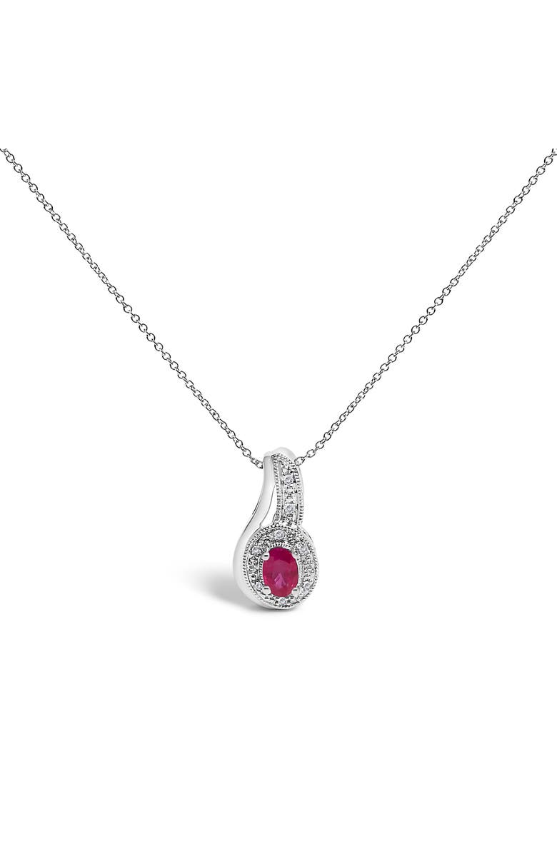 Haus of Brilliance Silver Red Ruby and Diamond Accent Milgrain Swirl Pendant Necklace, Main, color, White