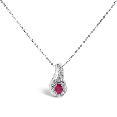 Silver Red Ruby and Diamond Accent Milgrain Swirl Pendant Necklace