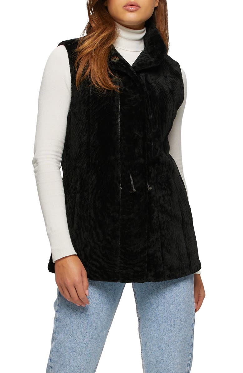 GORSKI Genuine Shearling Hooded Vest Reversible To Taffeta, Main, color, Black/Black