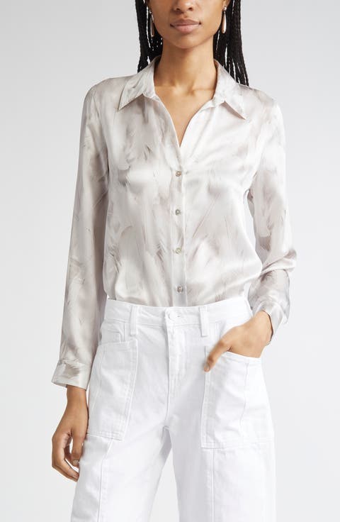 Tyler Feather Print Silk Button-Up Shirt