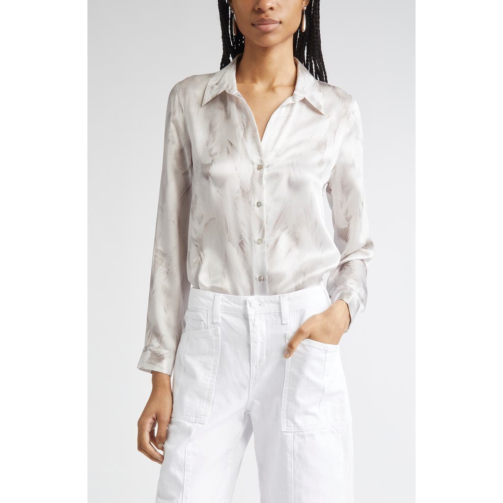 L'agence Tyler Feather Print Silk Button-up Shirt