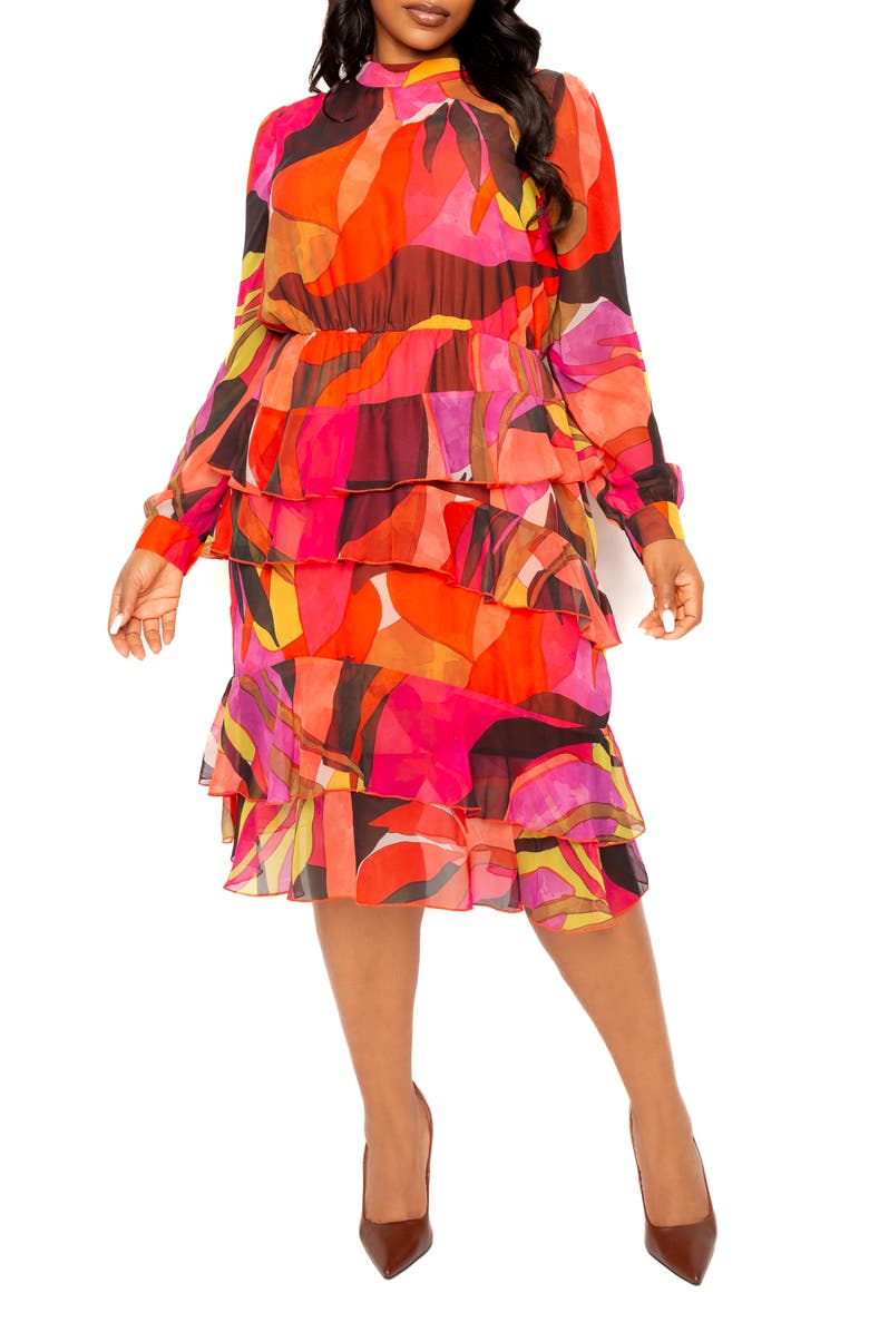 BUXOM COUTURE Long Sleeve Tiered Dress, Alternate, color, Multi