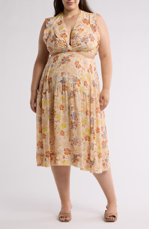 Maeve Floral Back Cutout Silk Midi Dress (Plus)