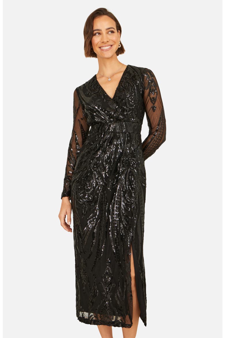 Sequin Midi Long Sleeve Wrap Dress, Alternate, color, Black