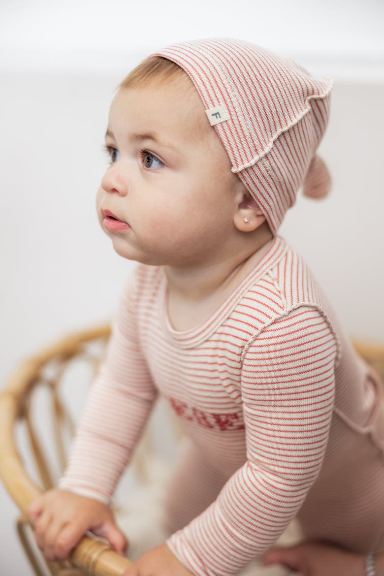 Bow Stitch Ribbed Velour Romper with Matching Hat, Alternate, color, Rose