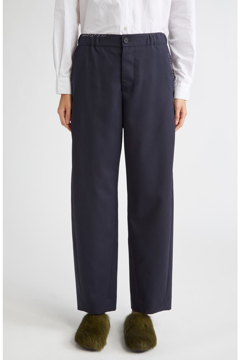 Elastic Waist Wool Straight Leg Trousers, Main, color, 00B99 BLUE BLACK