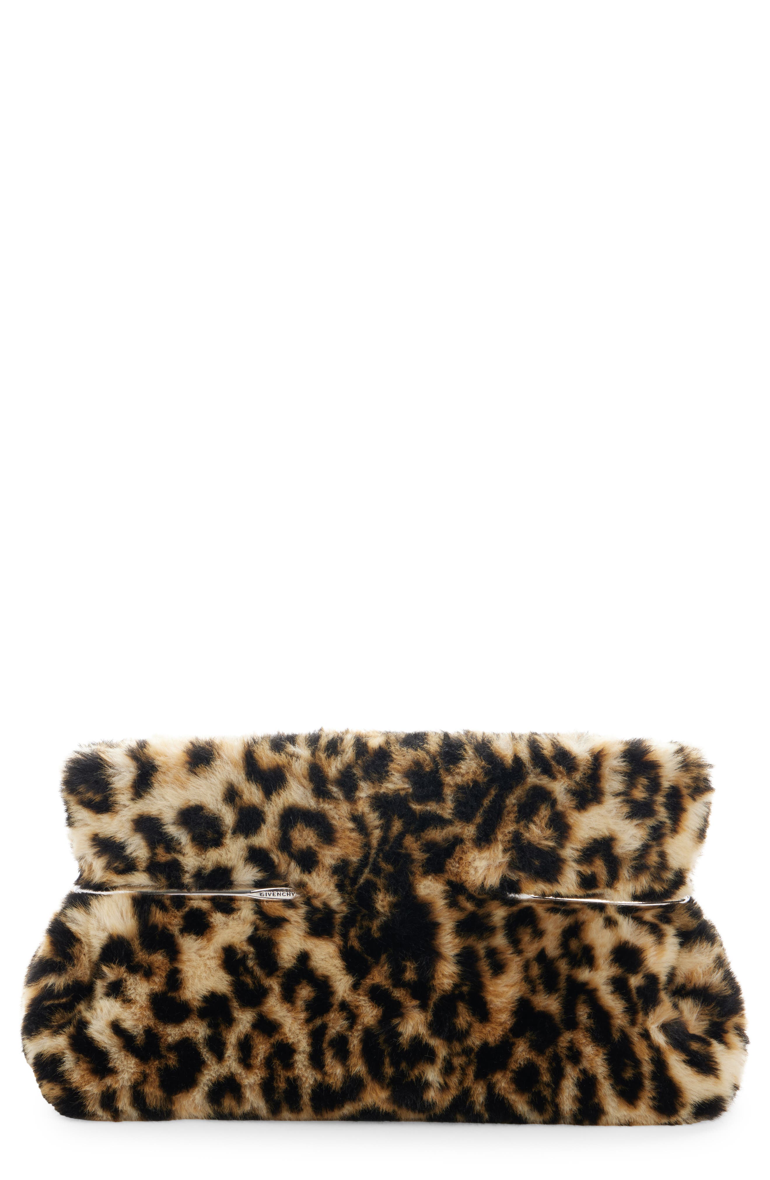 Pinch Leopard Print Leather Clutch, Main, color, BLACK/BEIGE