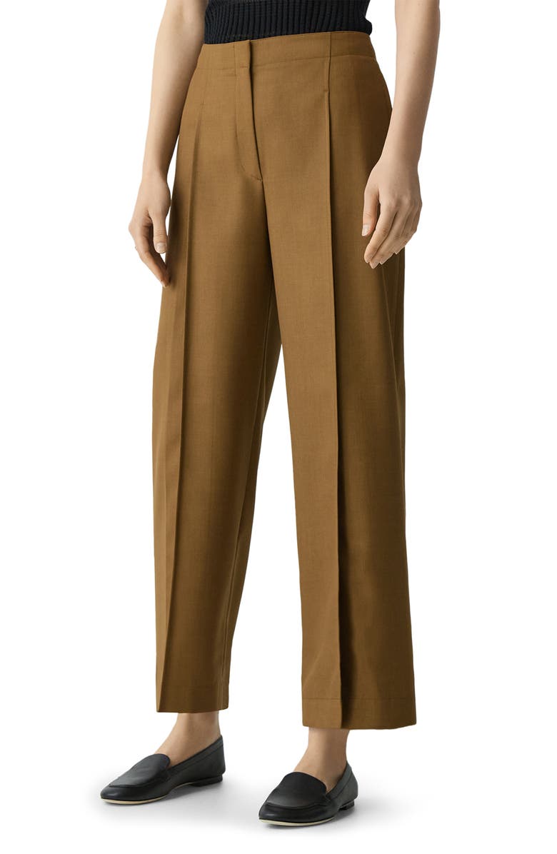 Theory City Pleated High Waist Wide Leg Pants, Alternate, color, Dark Bronze