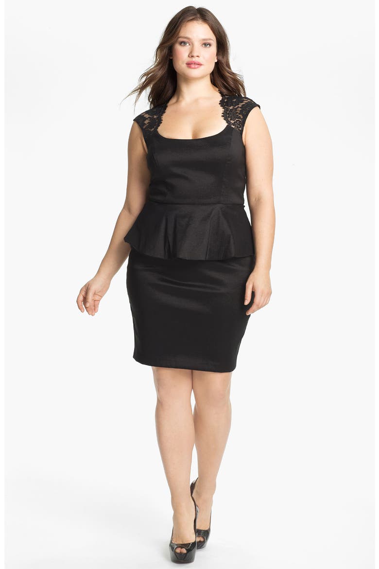 Xscape Lace Detail Peplum Dress, Main, color, BLACK