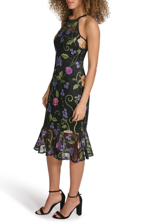 Siena Floral Embroidered Mesh Sheath Dress In Black