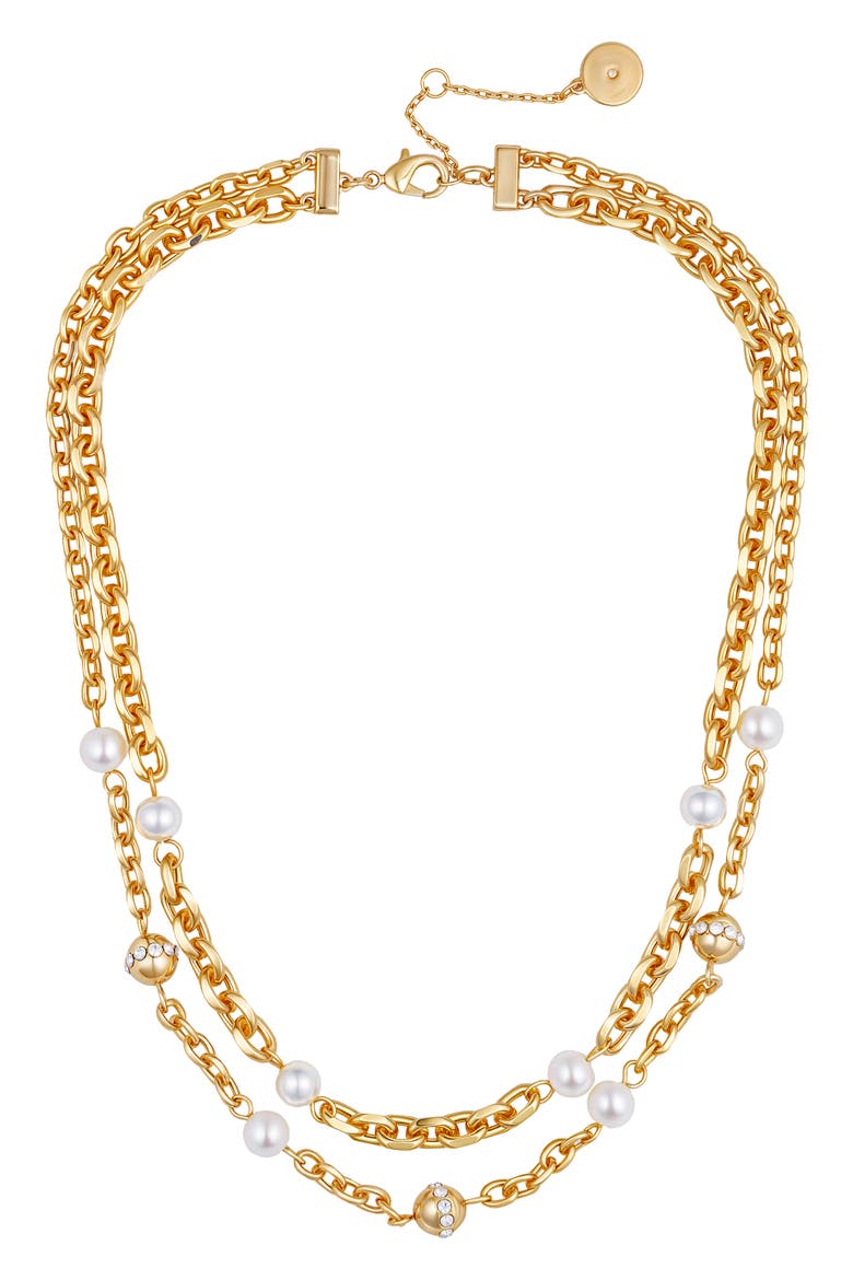 Faux Pearl & Crystal Station Layered Necklace, Alternate, color, GOLD TONE
