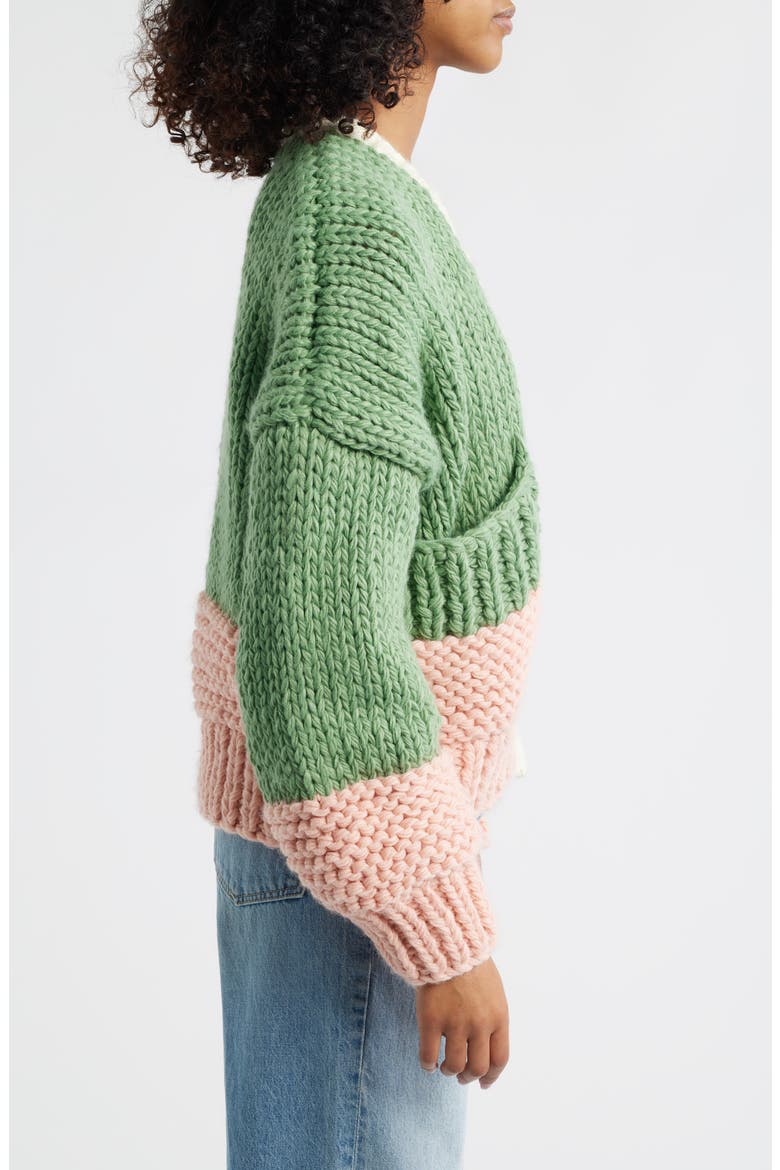 Colorblock Chunky Cardigan, Alternate, color, GREEN