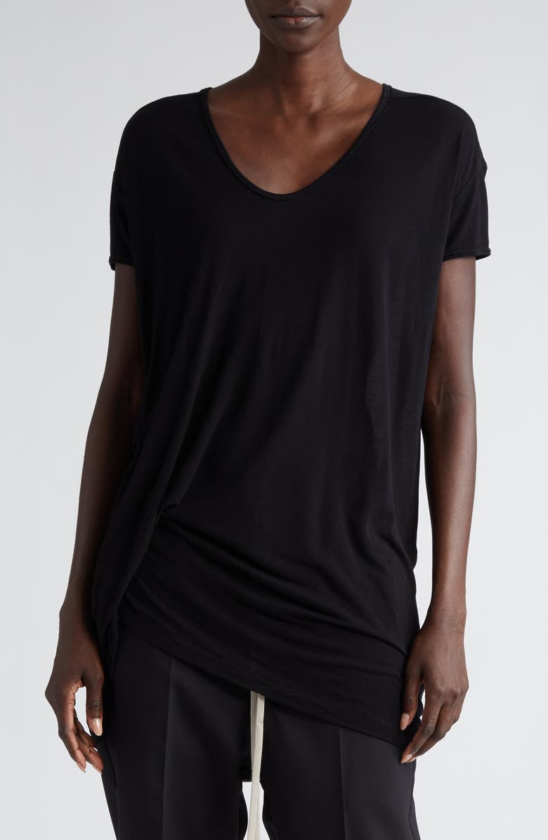 Rick Owens Hiked Asymmetric Drape Detail Jersey T-Shirt, Alternate, color,