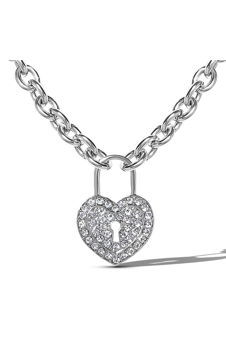 Jessica Simpson Silver-Tone Pave Crystal Heart Lock Necklace, Main, color, Silver