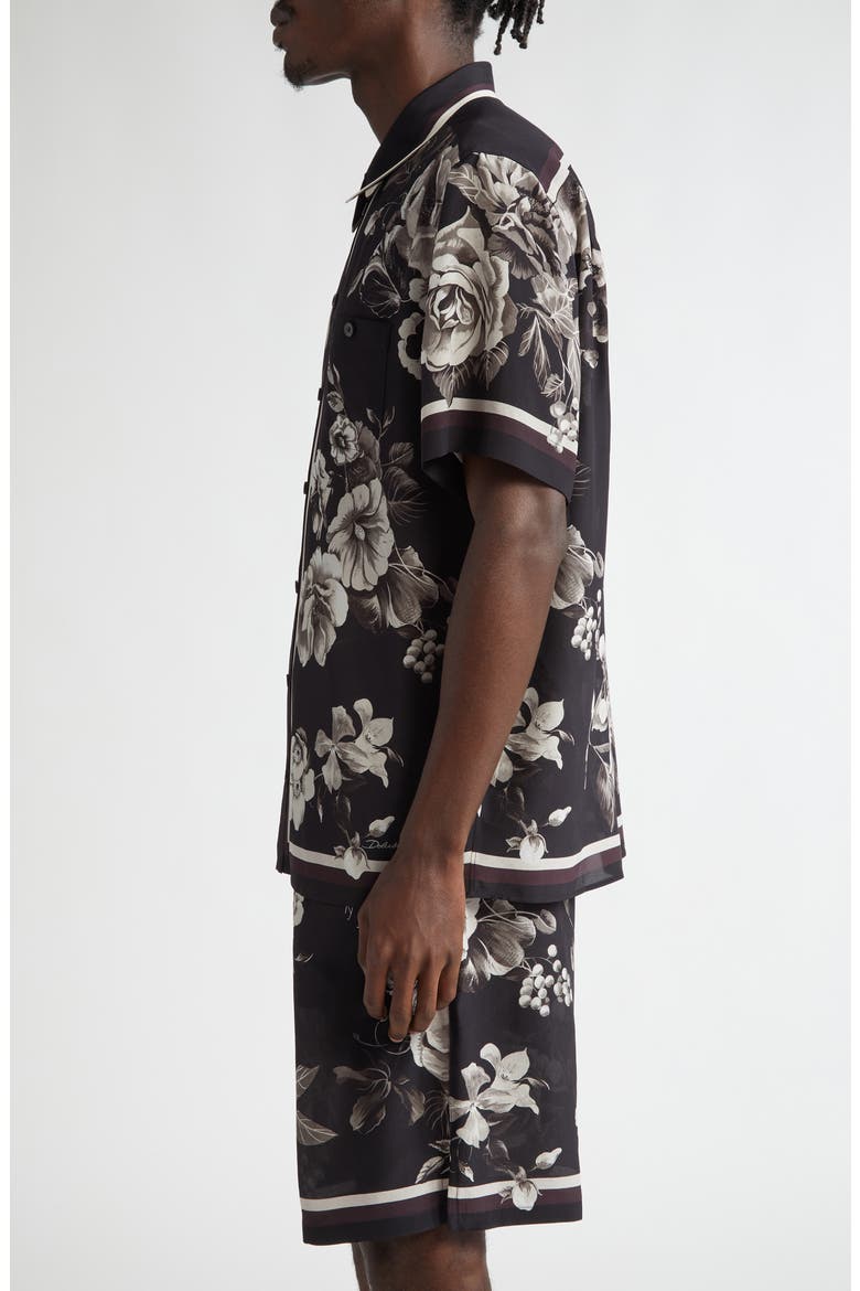 Floral Short Sleeve Silk Button-Up Shirt, Alternate, color, HN5DY FIORI GRIGI FDO NERO