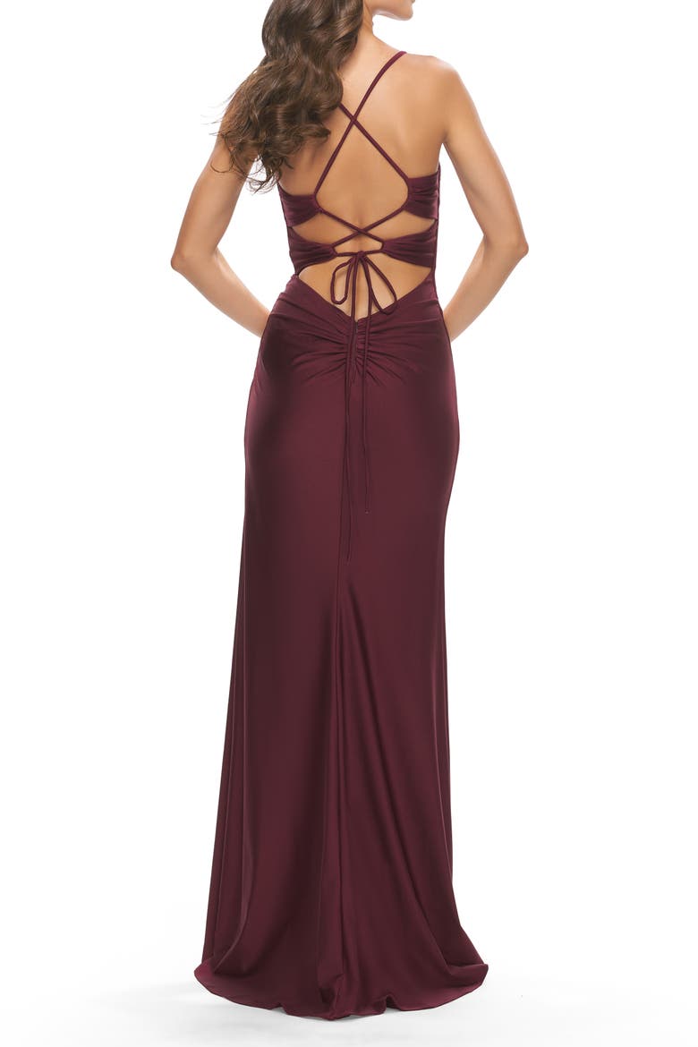Jersey Long Prom Dress with Trendy Waist Cut Outs, Alternate, color, Dark Berry