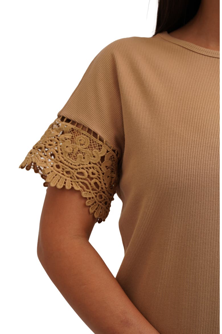 Lace Trim Short Sleeve Ribbed Top, Alternate, color, WARM SAND