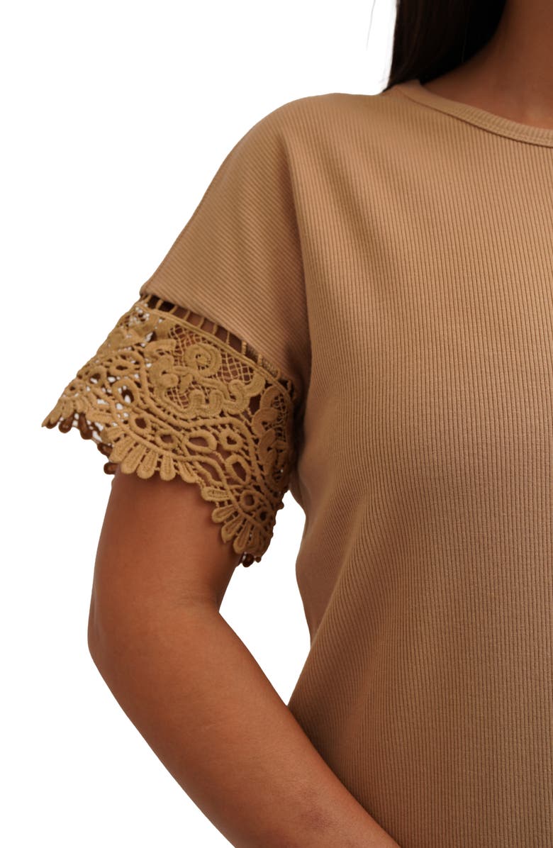 CYRUS Lace Trim Short Sleeve Ribbed Top, Alternate, color, Warm Sand