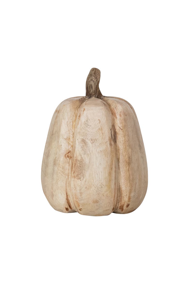 Large Carved Mango Wood Pumpkin Figurine, Stained Finish, Main, color, Natural