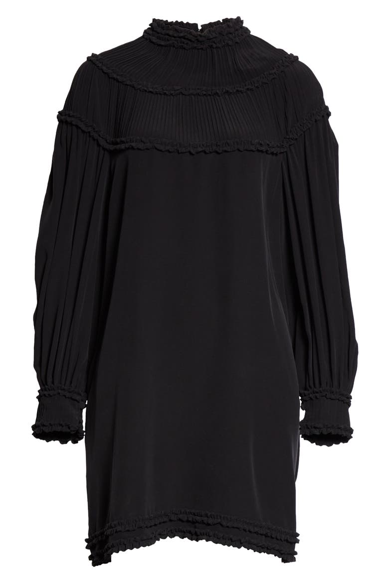 Ruffle Yoke Long Sleeve Silk Crêpe de Chine Minidress, Alternate, color, BLACK