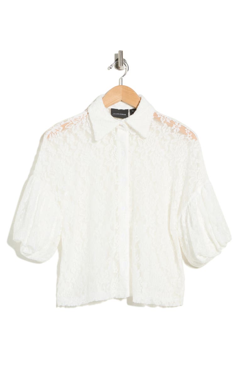Bubble Hem Short Sleeve Lace Top, Alternate, color, WHITE