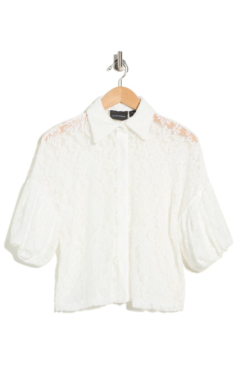 Forgotten Grace Bubble Hem Short Sleeve Lace Top, Main, color, White