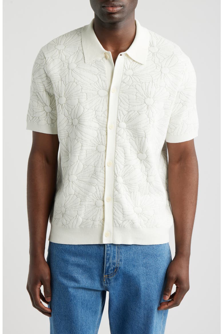 Tellaro Short Sleeve Floral Jacquard Cotton Blend Cardigan, Main, color, ECRU / NATURAL