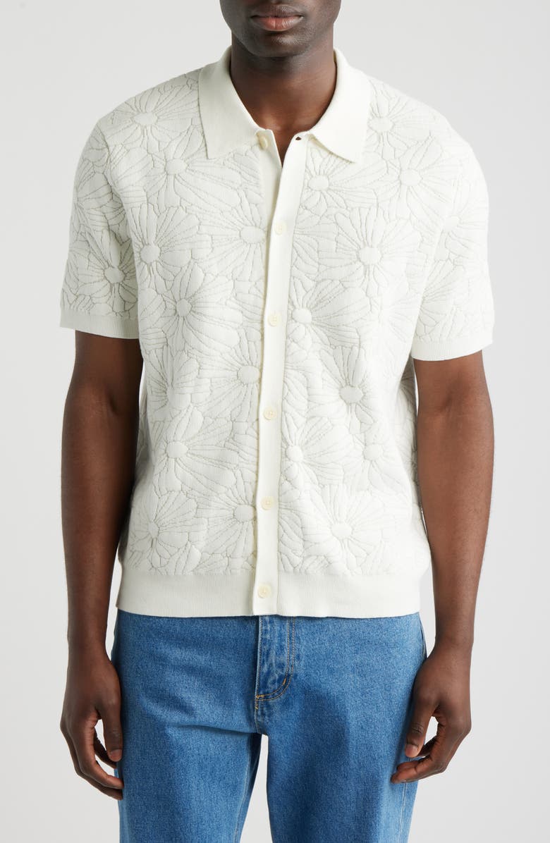 Wax London Tellaro Short Sleeve Floral Jacquard Cotton Blend Cardigan, Main, color, Ecru / Natural