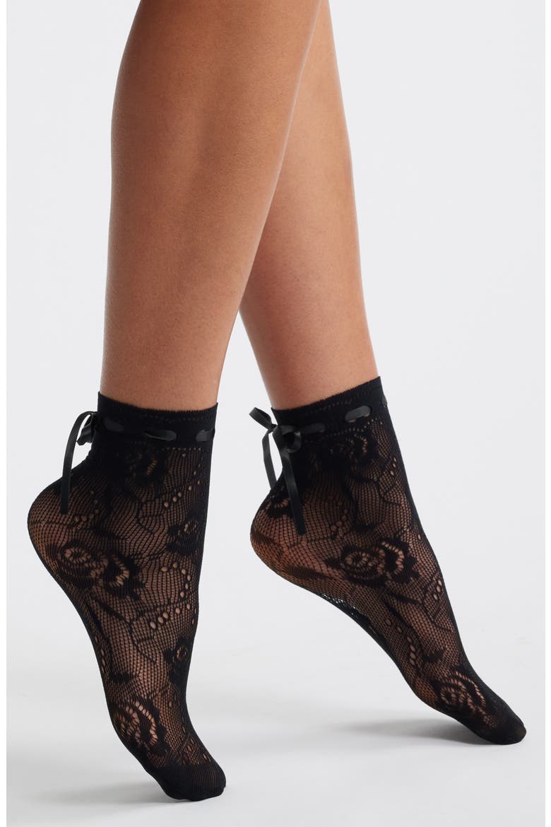 Amaris Floral Lace Ribbon Ankle Socks, Main, color, BLACK