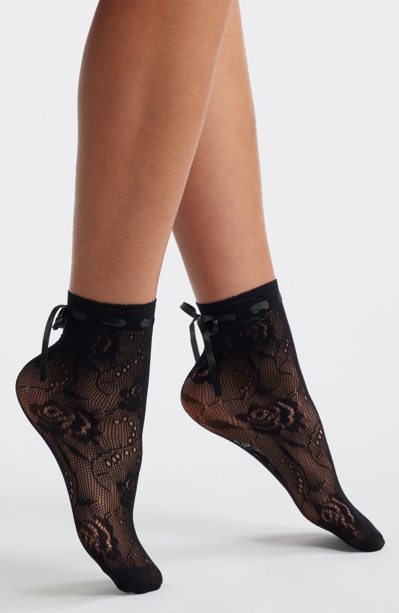 Casa Clara Amaris Floral Lace Ribbon Ankle Socks, Main, color, Black