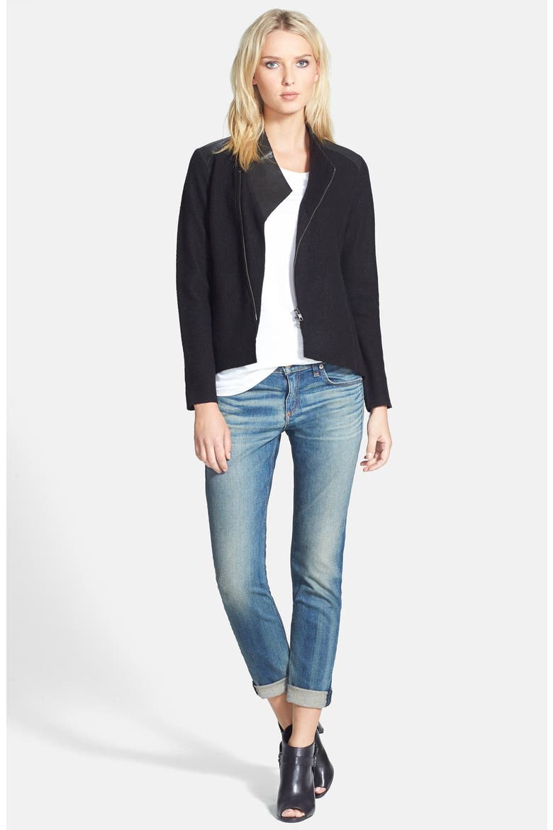 Leather Trim Merino Wool Jacket, Alternate, color, BLACK