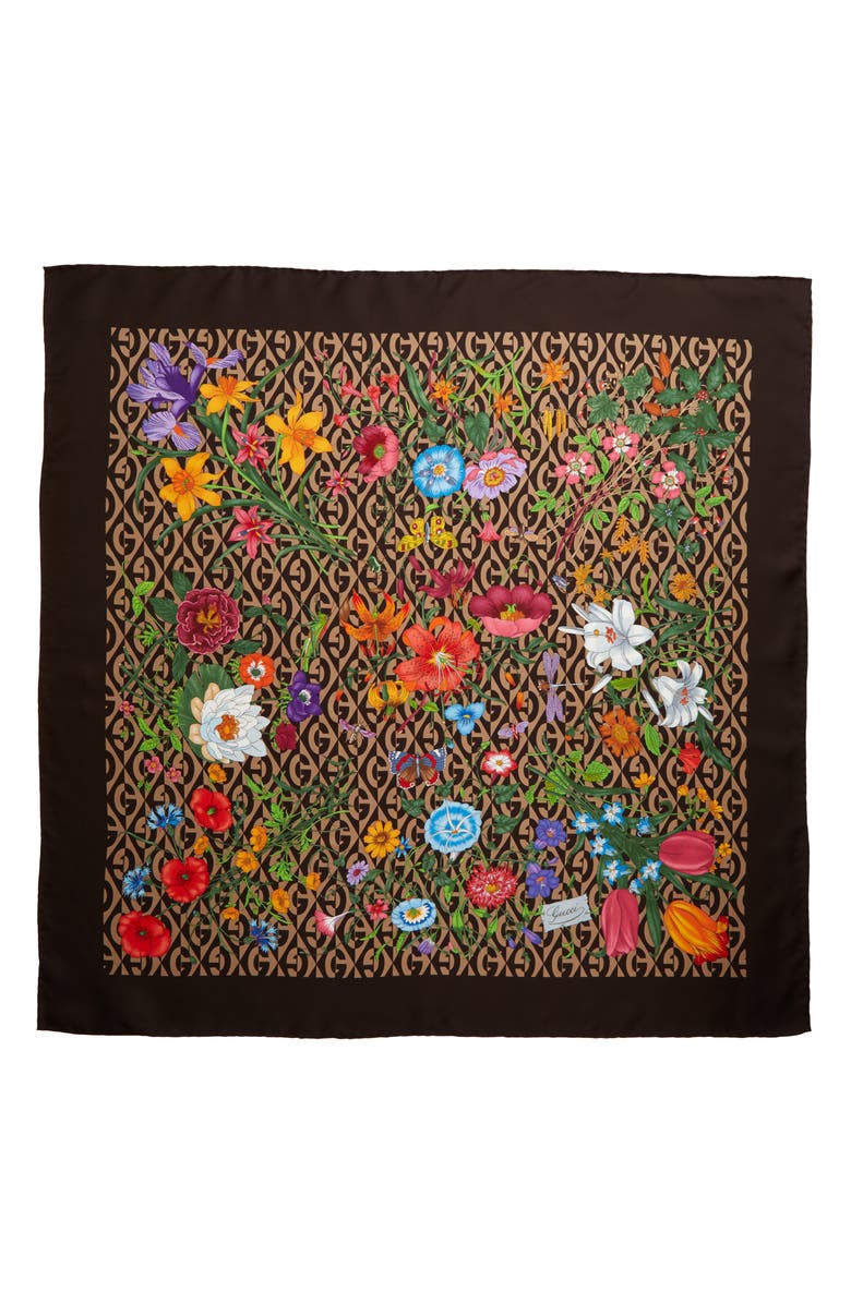 Gucci Privilege Flora & Rhombus Print Silk Twill Scarf, Main, color, 