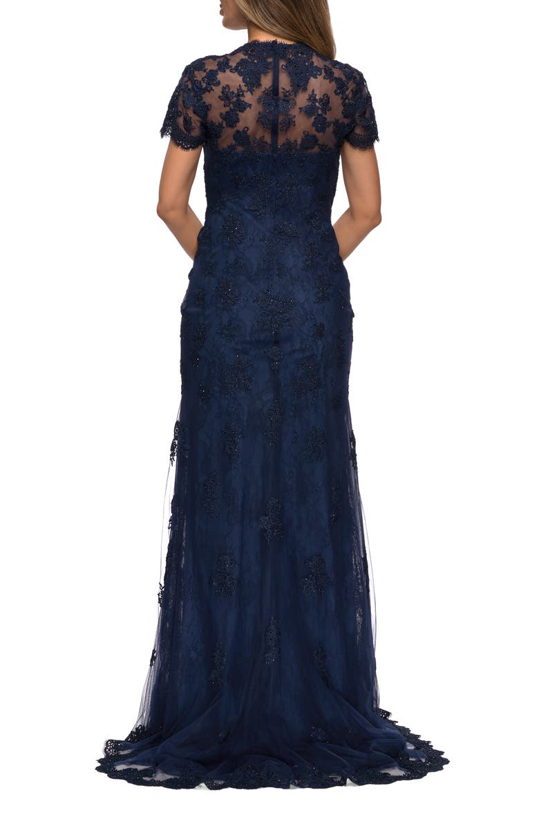 La Femme Long Lace Evening Dress with Scallop Detailing and Rhinestones, Alternate, color, Navy