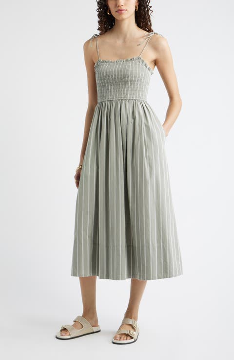 Smocked Sleeveless Flare Midi Dress