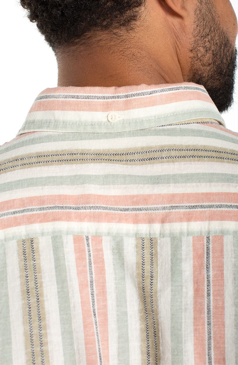 Liverpool Los Angeles Stripe Short Sleeve Slub Linen & Cotton Button-Down Shirt, Alternate, color, Clay/ Sage