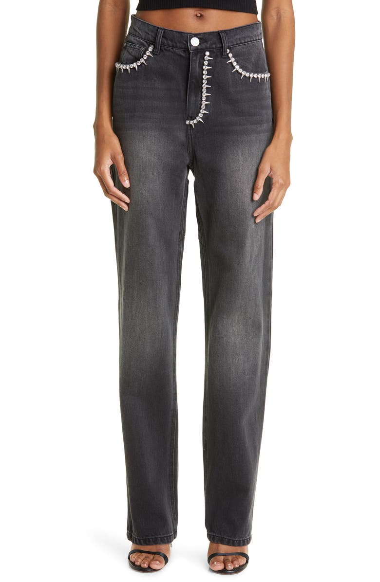 Area Crystal Spike Embellished Backslit Jeans, Main, color, 