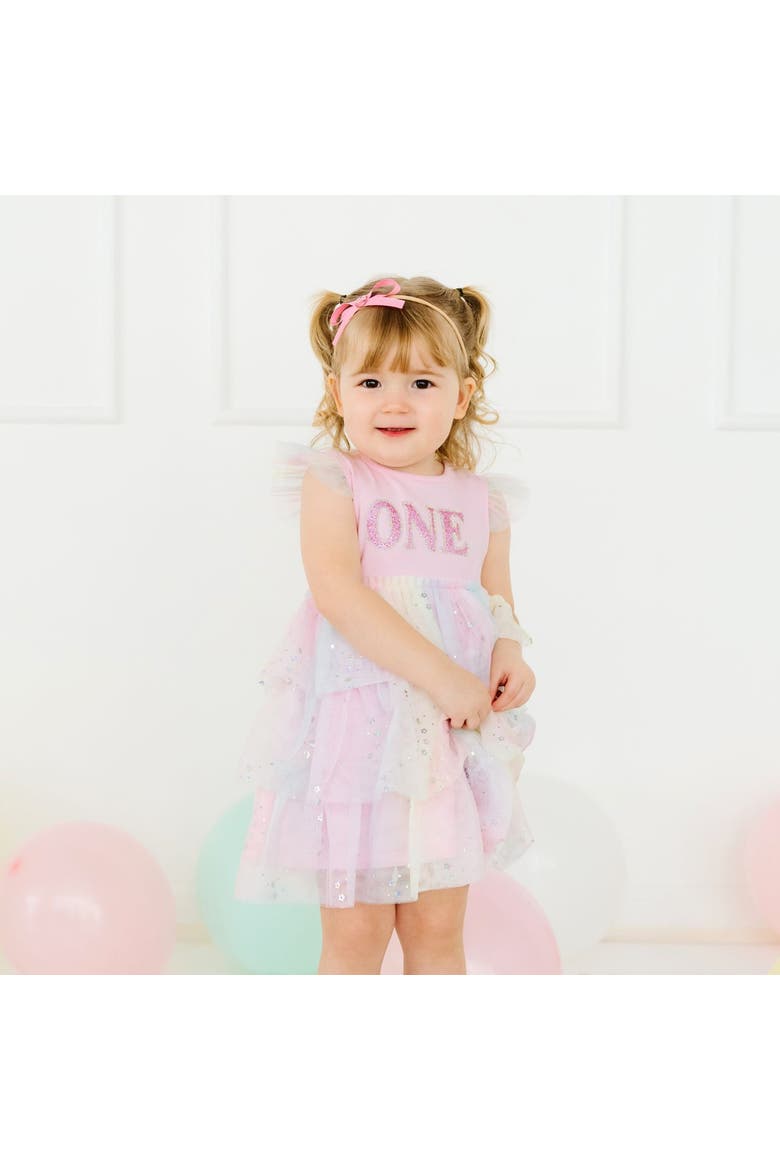 First Birthday Girl Fairy Dust Short Sleeve Tutu Dress, Alternate, color, Soft Pink