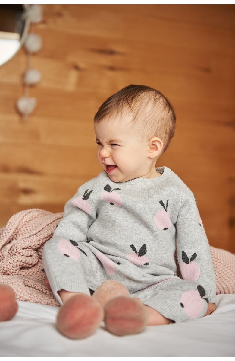 Deux par Deux Baby Girl's Knitted Jacquard Jumpsuit Gray With Apples, Alternate, color,
