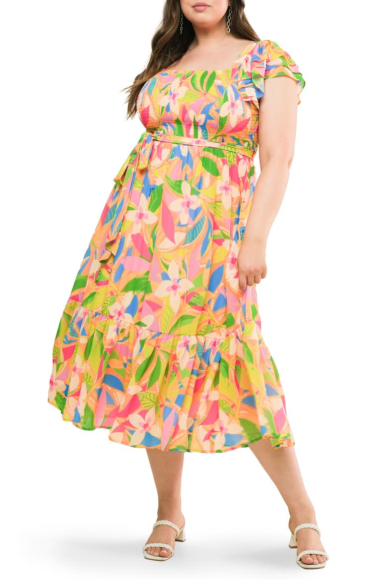 Printed Tie Waist Tiered Midi Dress, Main, color, ORANGE GREEN
