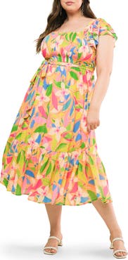 FLYING TOMATO Printed Tie Waist Tiered Midi Dress