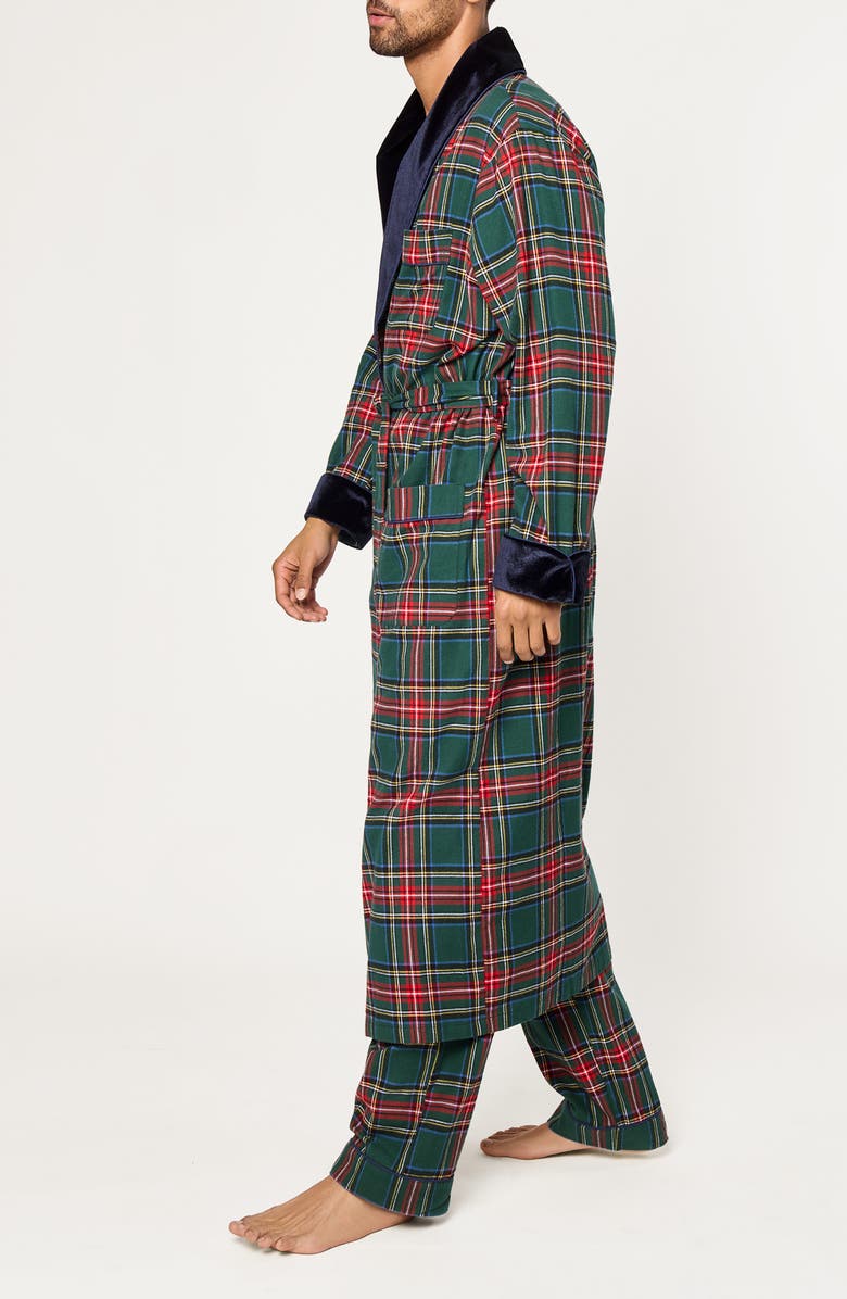 Petite Plume Plaid Cotton Flannel Robe with Velvet Shawl Collar, Alternate, color, Green