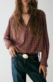 MANGO Plaid Ruffle Neck Blouse
